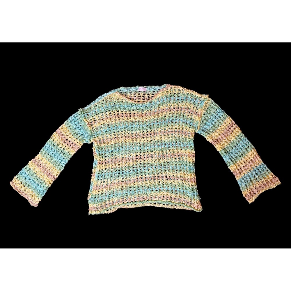 Coastal Beach Crochet Knit Sweater Pastel Bell Long Sleeve V Neck Women's